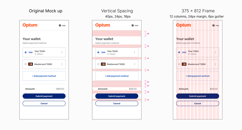 Spacing guide for digital wallet in widget experience.