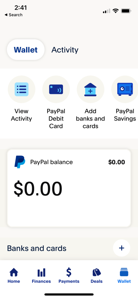 PayPal wallet and payment methods.